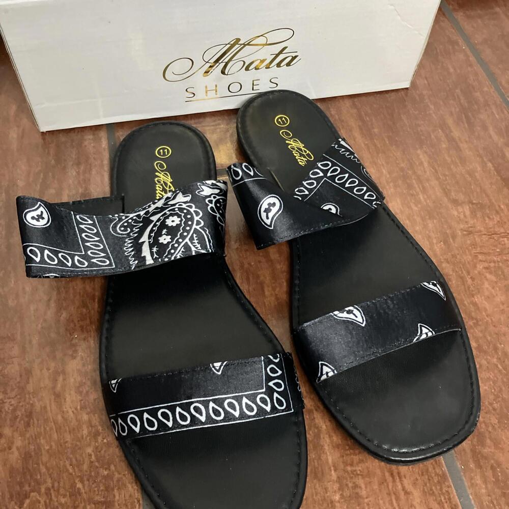 Mata Black Bandana Slides - Sandals Handmade Non Slip Sz 11 NIB